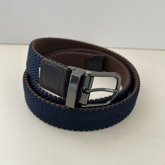 Cole Haan Reversible Belt Stretch Fabric Woven Mens Sz 42-44 XL Navy Blue Brown - Picture 1 of 10